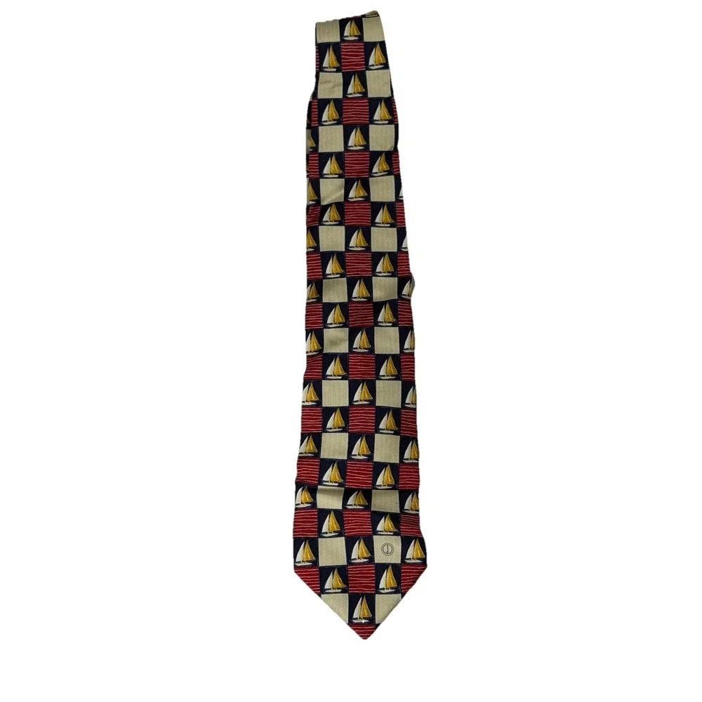 Dunhill Vintage Silk Necktie Red Blue Nautical Sailboat Checker Pattern Tie